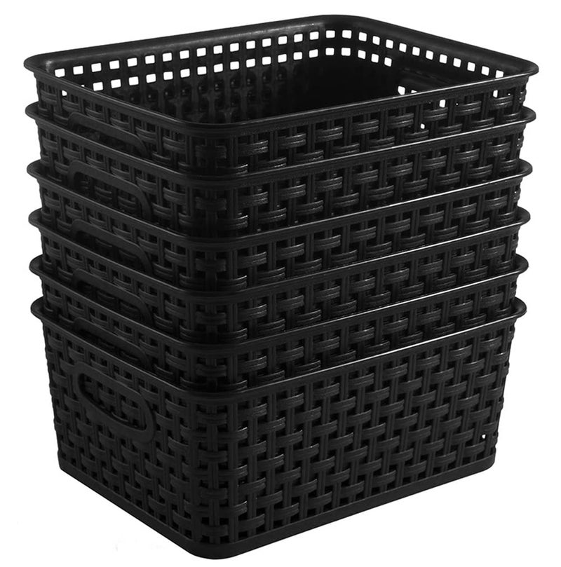 ZHENFAN Black Plastic Woven Storage Baskets, 6-Pack Weave Basket Organizer for Kitchen Office Bathroom - Image 1