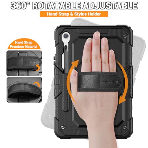 SEYMAC Case for Samsung Galaxy Tab S10 Lite/ S10 FE/ S9 FE/ S9 5G (10.9''/11''), Heavy Duty Shockproof Protective Case with Screen Protector, Rotating Stand, Hand Strap and Pen Holder, Black - Image 3