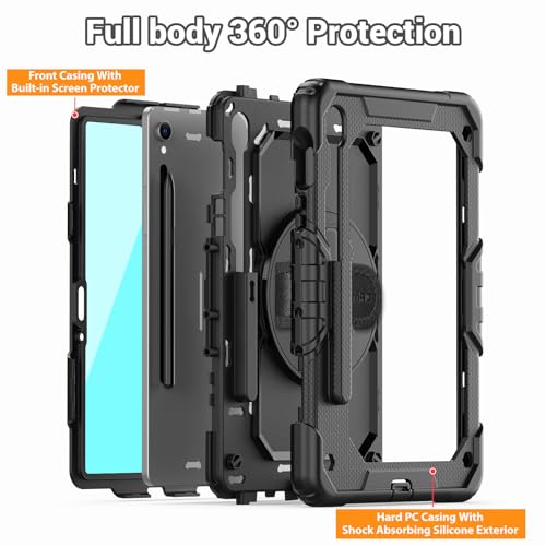 SEYMAC Case for Samsung Galaxy Tab S10 Lite/ S10 FE/ S9 FE/ S9 5G (10.9''/11''), Heavy Duty Shockproof Protective Case with Screen Protector, Rotating Stand, Hand Strap and Pen Holder, Black - Image 5