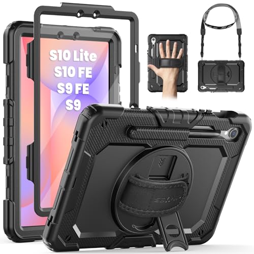 SEYMAC Case for Samsung Galaxy Tab S10 Lite/ S10 FE/ S9 FE/ S9 5G (10.9''/11''), Heavy Duty Shockproof Protective Case with Screen Protector, Rotating Stand, Hand Strap and Pen Holder, Black - Image 1