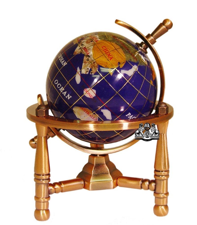 Unique Art Since 1996 Unique Art 6-Inch Tall Blue Lapis Ocean Mini Table Top Gemstone World Globe with Copper Tripod - Image 2