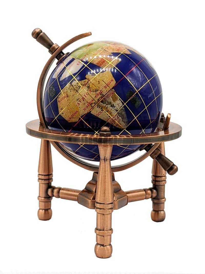 Unique Art Since 1996 Unique Art 6-Inch Tall Blue Lapis Ocean Mini Table Top Gemstone World Globe with Copper Tripod - Image 5