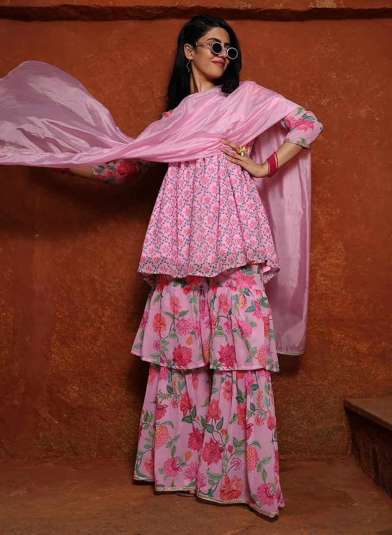QISSA Women's Baby Pink Floral Kurti And Sharara Set