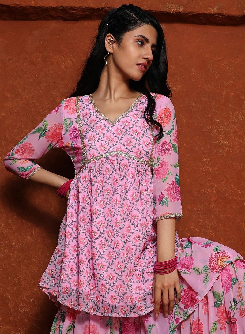 QISSA Women's Baby Pink Floral Kurti And Sharara Set - Image 1