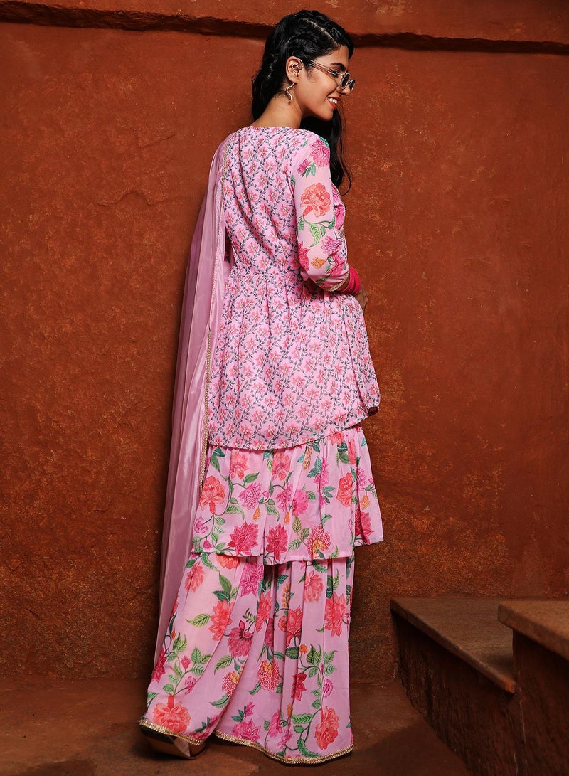 QISSA Women's Baby Pink Floral Kurti And Sharara Set - Image 5