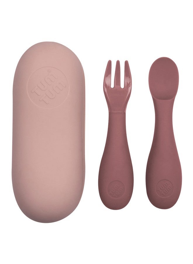 Tum Tum Baby Cutlery with Case - Baby Spoon & Fork Set, Self Feeding Cutlery, Silicone, 6+ Months, Pink - Image 1