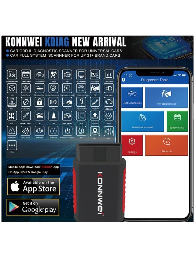 كونوي أداة تشخيص الماسح الضوئي KONNWEI KDIAG Bluetooth Obd2 لأجهزة iPhone & Android اللاسلكية لفحص المحرك وقارئ رمز السيارة بلوتوث 5.2 مع تشخيص النظام الكامل، إعادة ضبط الزيت  - Image 4