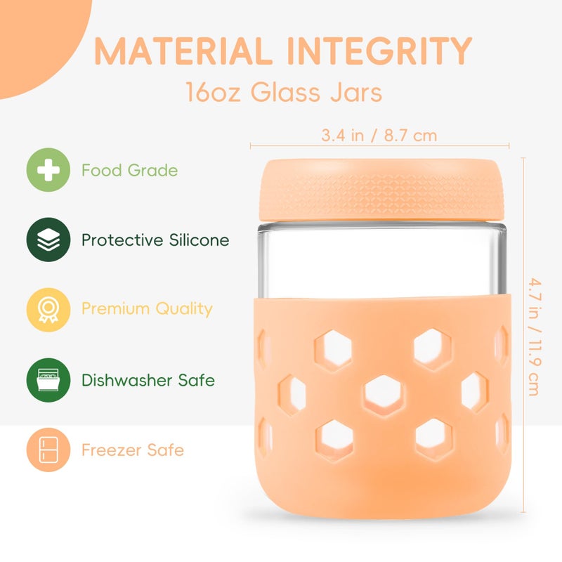 Gemice 6-Pack 16 oz Overnight Oats Containers with Lids and Silicone Sleeves, Glass Mason Jars with Airtight Lid, Dishwasher Safe, Wide Mouth Chia Seed Pudding Meal Prep Jar for Yogurt Berries Snack - Image 3