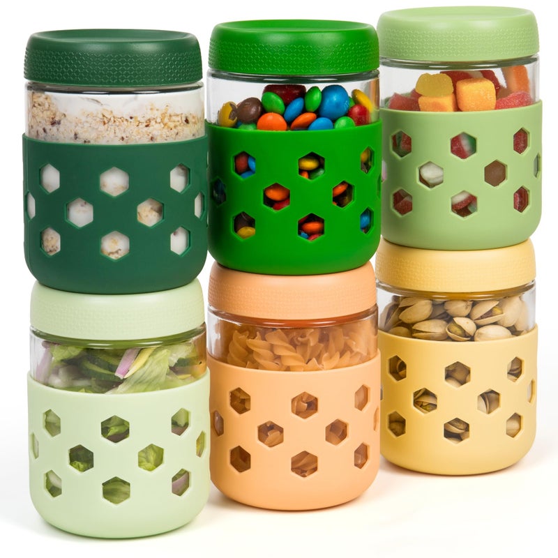 Gemice 6-Pack 16 oz Overnight Oats Containers with Lids and Silicone Sleeves, Glass Mason Jars with Airtight Lid, Dishwasher Safe, Wide Mouth Chia Seed Pudding Meal Prep Jar for Yogurt Berries Snack - Image 1