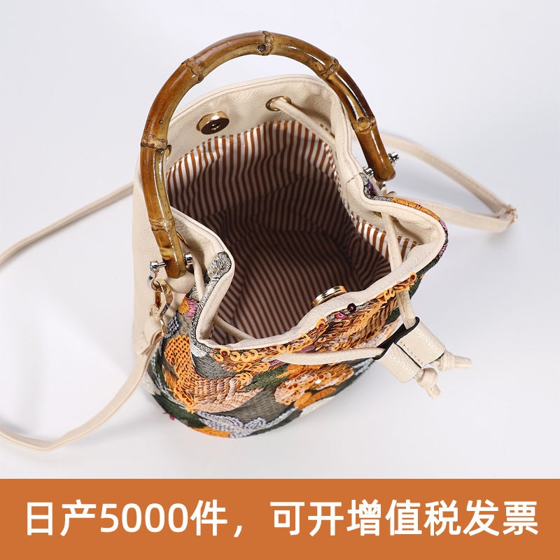 High-End Sequined Bamboo Bucket Bag, New Niche Women'S Bag, Summer Popular Embroidered Straw Woven Crossbody Bag - Image 4