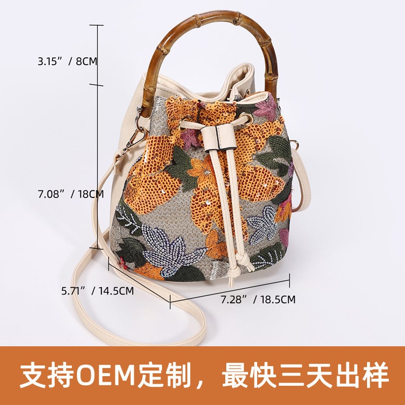 High-End Sequined Bamboo Bucket Bag, New Niche Women'S Bag, Summer Popular Embroidered Straw Woven Crossbody Bag - Image 3