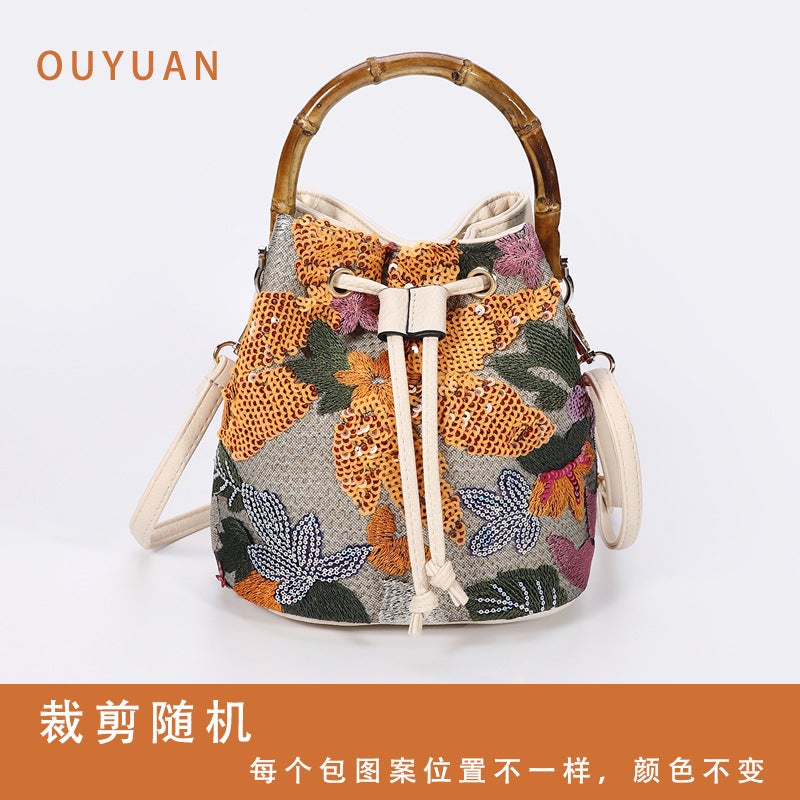 High-End Sequined Bamboo Bucket Bag, New Niche Women'S Bag, Summer Popular Embroidered Straw Woven Crossbody Bag - Image 2