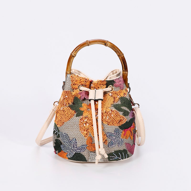 High-End Sequined Bamboo Bucket Bag, New Niche Women'S Bag, Summer Popular Embroidered Straw Woven Crossbody Bag - Image 1