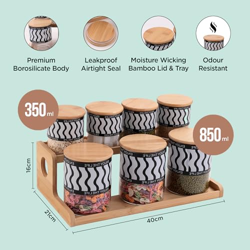 UMAI Pack of 7 Kitchen Organizer Borosilicate Jars with Bamboo Lid & Tray | 4 Pcs 350 ml & 3 Pcs 850 ml | Glass Jars for Cookies, Spices, Snacks, Tea, Coffee, Sugar | BPA Free - Image 3