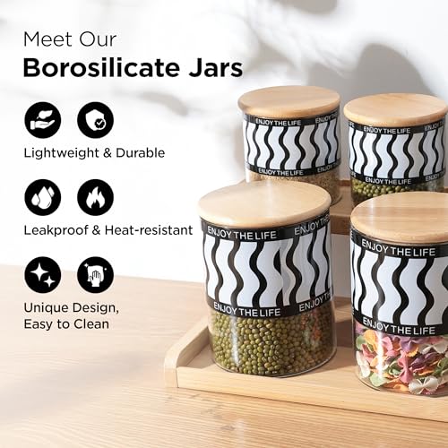 UMAI Pack of 7 Kitchen Organizer Borosilicate Jars with Bamboo Lid & Tray | 4 Pcs 350 ml & 3 Pcs 850 ml | Glass Jars for Cookies, Spices, Snacks, Tea, Coffee, Sugar | BPA Free - Image 2