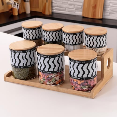 UMAI Pack of 7 Kitchen Organizer Borosilicate Jars with Bamboo Lid & Tray | 4 Pcs 350 ml & 3 Pcs 850 ml | Glass Jars for Cookies, Spices, Snacks, Tea, Coffee, Sugar | BPA Free - Image 1