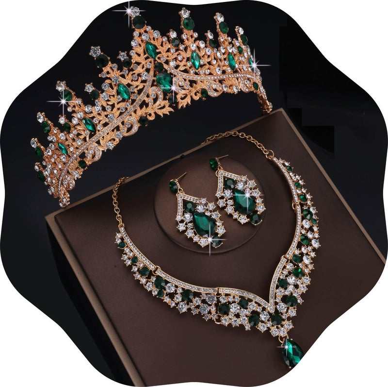 Kamirola Tiaras and Crowns for Women,Tiaras Earrings Necklace, Crystal Bridal Jewelry Set, Costume Party Halloween Prom Pageant Jewelry for Women(TR28) (Gold+Green) - Image 1