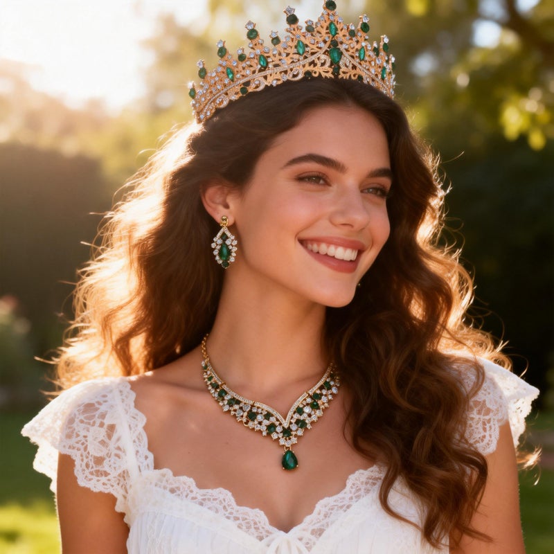 Kamirola Tiaras and Crowns for Women,Tiaras Earrings Necklace, Crystal Bridal Jewelry Set, Costume Party Halloween Prom Pageant Jewelry for Women(TR28) (Gold+Green) - Image 3