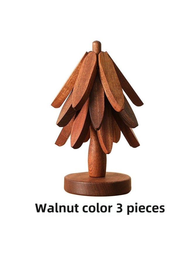 Advanced Sense Tree Coaster Heat Insulation Mat Dining Table Decoration Creative Tree Solid Wood Black Walnut Anti-scalding Pot Bowl Mat-Color:Walnut Color - Set Of 3 Pieces Plus Base (opp Ziplock Bag)  - Image 1