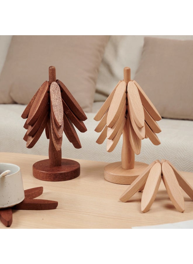 Advanced Sense Tree Coaster Heat Insulation Mat Dining Table Decoration Creative Tree Solid Wood Black Walnut Anti-scalding Pot Bowl Mat-Color:Walnut Color - Set Of 3 Pieces Plus Base (opp Ziplock Bag)  - Image 3