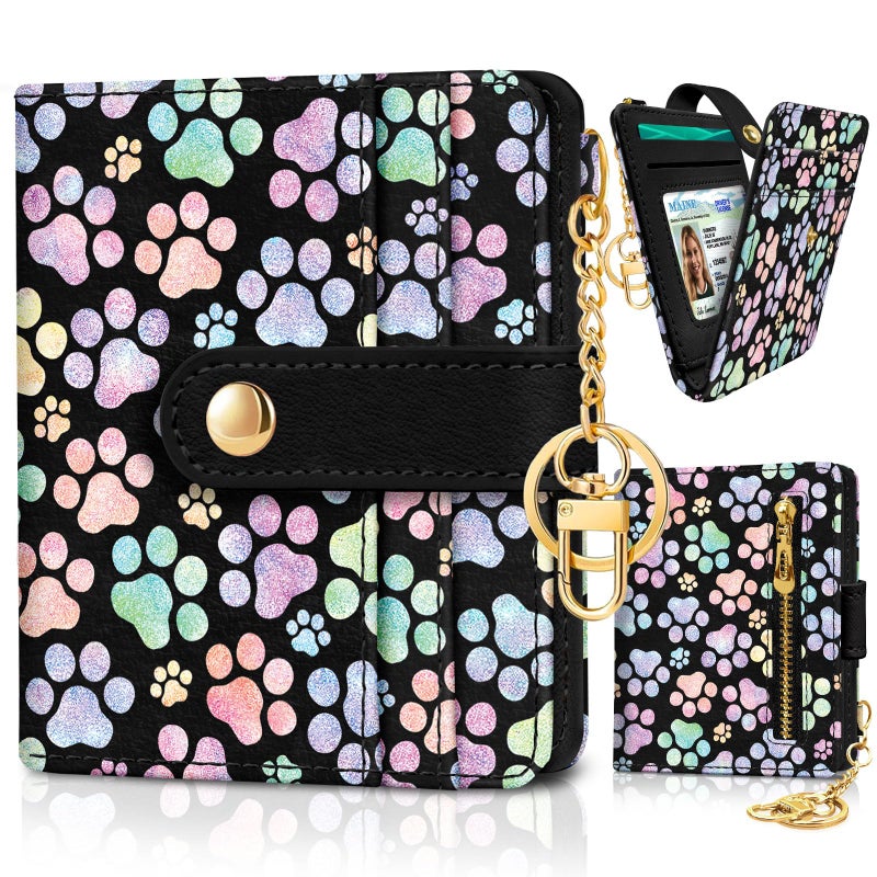 Jogjam Dog Paw Rfid Women Wallet, Small Slim Thin Credit Card Wallet, PU Leather Bifold Cash Zipper Coin Pocket ID Window for Female Ladies Teen Girls Girly - Image 1
