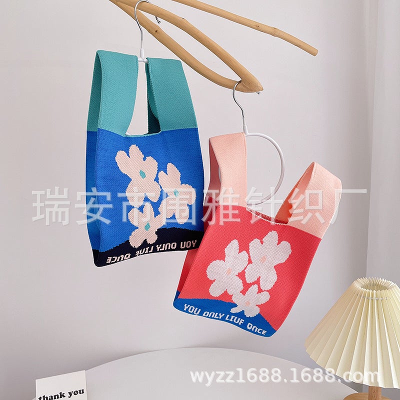 2023 New Flower Bag Knitted Bag Large Capacity Tote Bag Student Shoulder Bag Wool Bag Trendy Female - Image 4