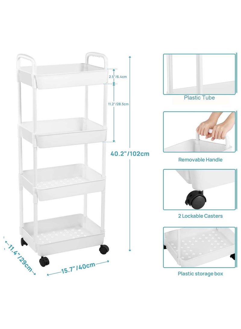 AUTOYSUR 4-Tier Rolling Utility Cart with Wheels, Detachable Utility Storage Cart with Handle and Lockable Casters, Multi-Functional Storage Trolley for Office, Kitchen,Bathroom(White, 4-Tier) - Image 5