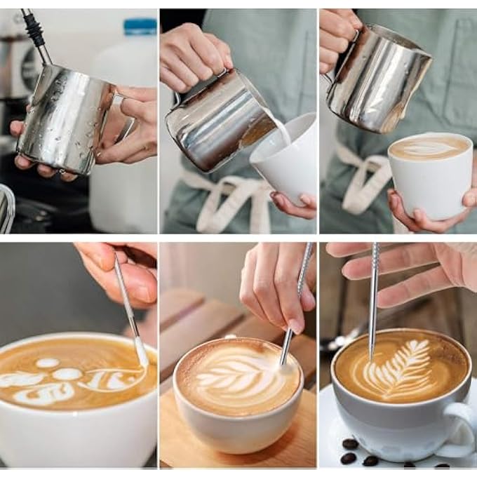 quxup Milk Frothing Pitcher 12Oz350Ml Stainless Steel Espresso Steaming Pitcher Coffee Milk Frother Cup With Decorating Art Pen For Espresso Machine Milk Frother Silver - Image 2