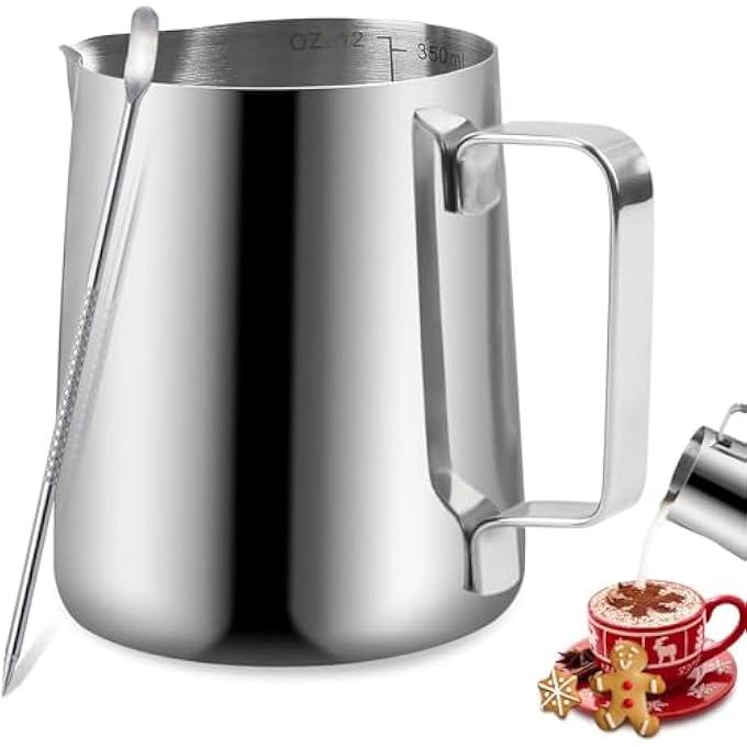 quxup Milk Frothing Pitcher 12Oz350Ml Stainless Steel Espresso Steaming Pitcher Coffee Milk Frother Cup With Decorating Art Pen For Espresso Machine Milk Frother Silver - Image 1
