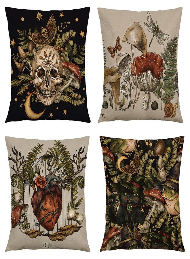 RinRinfam Witchy Frog Decor Pillow Covers 18x18 Set of 4, Mystery Moth Skull Mushroom Linen Pillow Cushion Cases,Home Decor for Outdoor Sofa Bedroom Car Black - Image 1