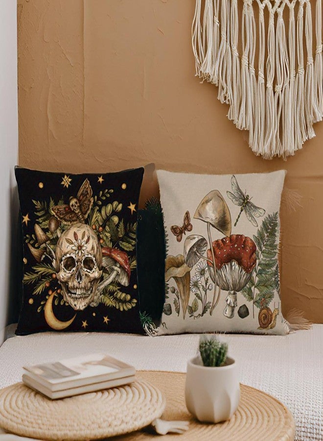 RinRinfam Witchy Frog Decor Pillow Covers 18x18 Set of 4, Mystery Moth Skull Mushroom Linen Pillow Cushion Cases,Home Decor for Outdoor Sofa Bedroom Car Black - Image 2