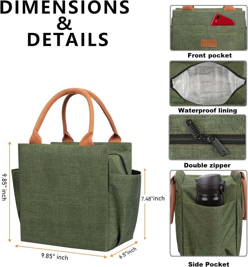 Joymee Lunch Bag Women Insulated Lunch Box Reusable Leakproof Large Spacious Cooler Tote for Womens Mens Adults with Bottle Holder and Side Pockets for Work Office Travel Picnic - Green - Image 2