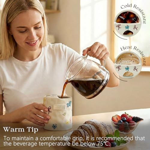 KOIMYSA Ceramic Travel Mug with Half Lid, Handmade Butterfly Pottery Mug, Ceramic Coffee Mugs Porcelain Coffee Cup Use for Kitchen Dining Office, White - Image 2