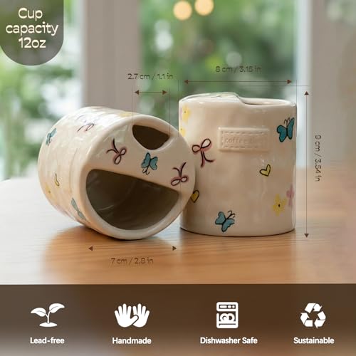 KOIMYSA Ceramic Travel Mug with Half Lid, Handmade Butterfly Pottery Mug, Ceramic Coffee Mugs Porcelain Coffee Cup Use for Kitchen Dining Office, White - Image 5