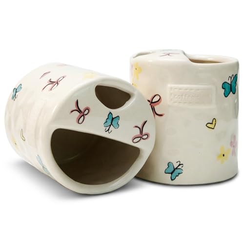 KOIMYSA Ceramic Travel Mug with Half Lid, Handmade Butterfly Pottery Mug, Ceramic Coffee Mugs Porcelain Coffee Cup Use for Kitchen Dining Office, White - Image 1