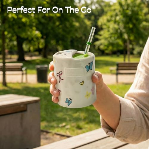 KOIMYSA Ceramic Travel Mug with Half Lid, Handmade Butterfly Pottery Mug, Ceramic Coffee Mugs Porcelain Coffee Cup Use for Kitchen Dining Office, White - Image 4