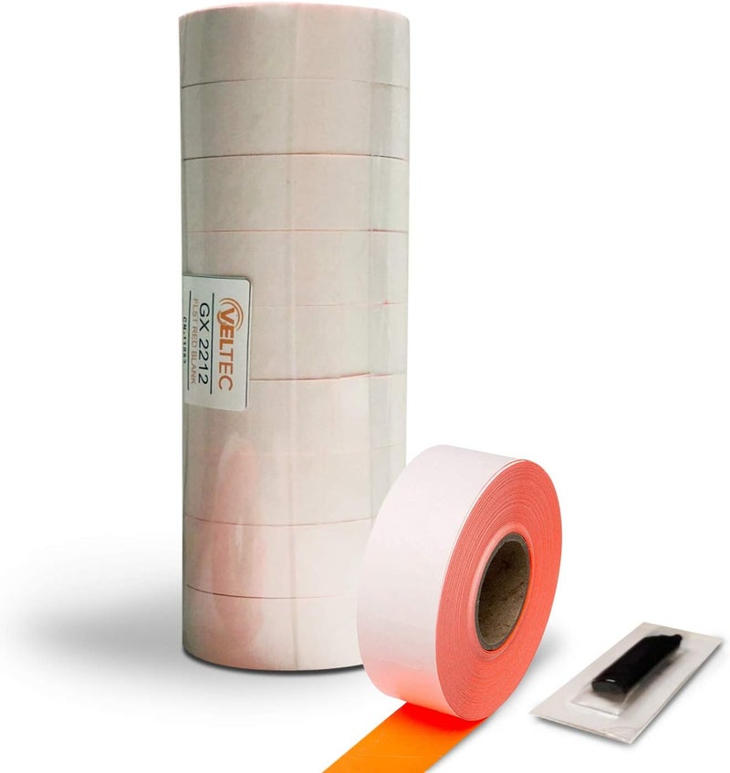 Veltec 2212 Fluorescent Red Pricing Labels for Garvey and Contact 22-6, 22-7, 22-8 Price Gun/Labelers, Free Ink Roller – 9 Rolls, 11,000 Labels with Security Slits - Image 1