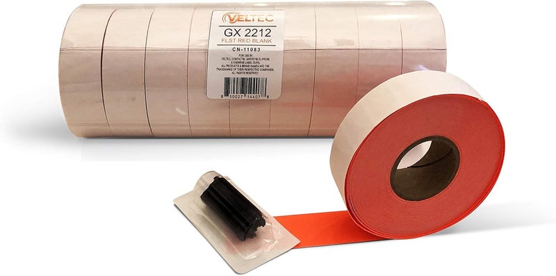 Veltec 2212 Fluorescent Red Pricing Labels for Garvey and Contact 22-6, 22-7, 22-8 Price Gun/Labelers, Free Ink Roller – 9 Rolls, 11,000 Labels with Security Slits - Image 5