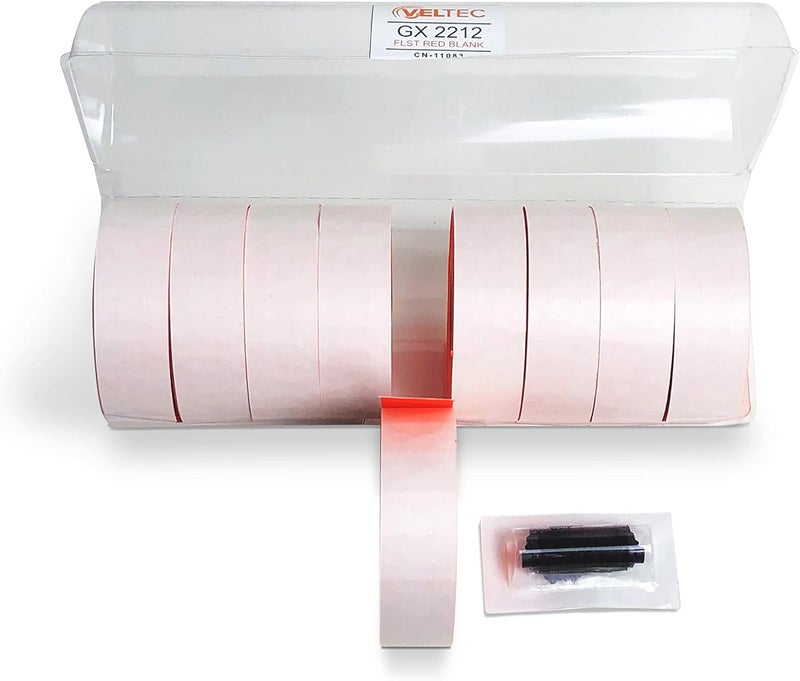 Veltec 2212 Fluorescent Red Pricing Labels for Garvey and Contact 22-6, 22-7, 22-8 Price Gun/Labelers, Free Ink Roller – 9 Rolls, 11,000 Labels with Security Slits - Image 2