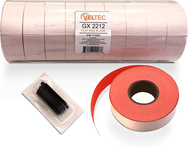 Veltec 2212 Fluorescent Red Pricing Labels for Garvey and Contact 22-6, 22-7, 22-8 Price Gun/Labelers, Free Ink Roller – 9 Rolls, 11,000 Labels with Security Slits - Image 4