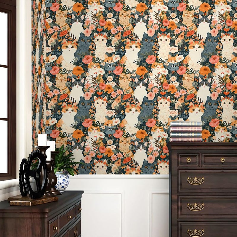REDAMANCY Cute Dark Grey/Black/Beige Cat Pink Orange Flowers Garden Peel and Stick Wallpaper Stick on Contact Paper Vintage Wall Paper Easy Peel Off for nightstand Drawer Cabinet Renter - Image 2