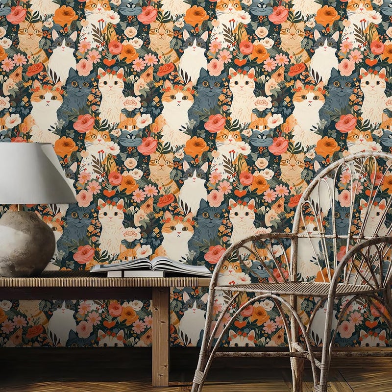 REDAMANCY Cute Dark Grey/Black/Beige Cat Pink Orange Flowers Garden Peel and Stick Wallpaper Stick on Contact Paper Vintage Wall Paper Easy Peel Off for nightstand Drawer Cabinet Renter - Image 3