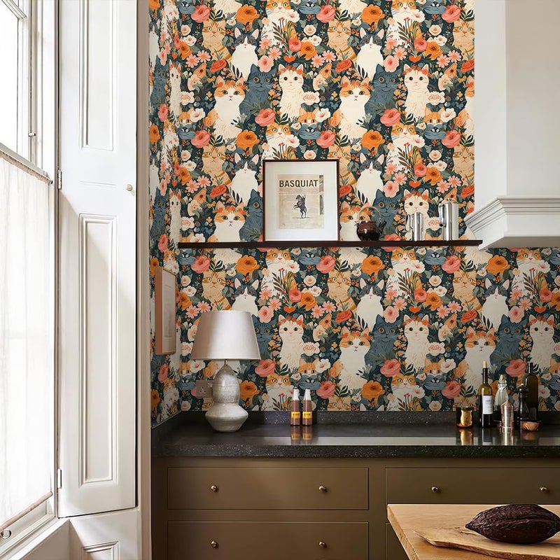 REDAMANCY Cute Dark Grey/Black/Beige Cat Pink Orange Flowers Garden Peel and Stick Wallpaper Stick on Contact Paper Vintage Wall Paper Easy Peel Off for nightstand Drawer Cabinet Renter - Image 5