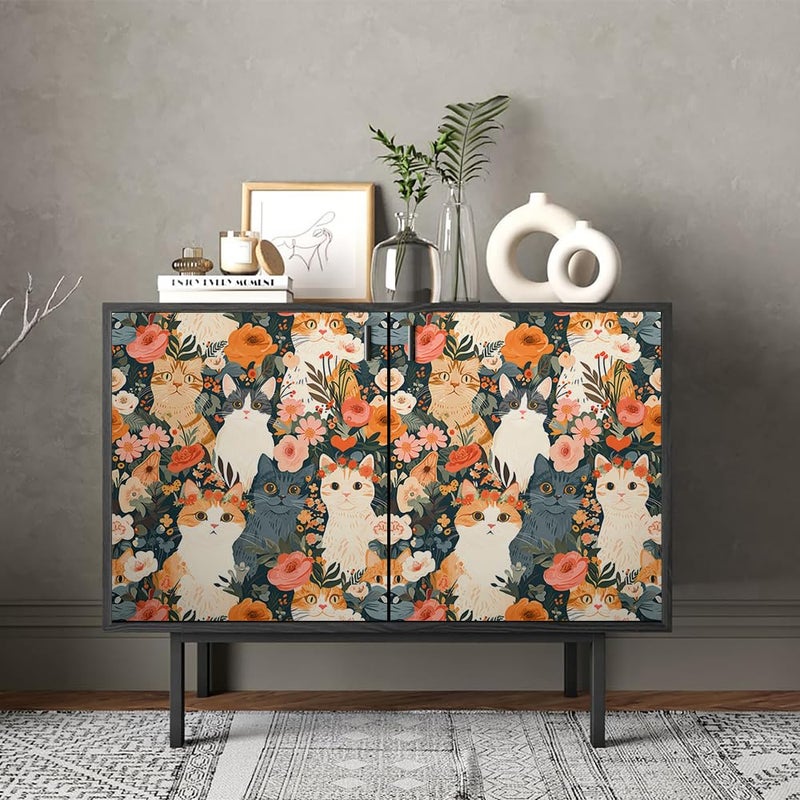 REDAMANCY Cute Dark Grey/Black/Beige Cat Pink Orange Flowers Garden Peel and Stick Wallpaper Stick on Contact Paper Vintage Wall Paper Easy Peel Off for nightstand Drawer Cabinet Renter - Image 4