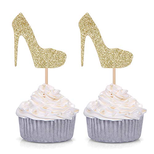 Giuffi Pack of 24 Gold Glitter High Heel Cupcake Toppers for Wedding Engagement Bridal Shower Party Stiletto Pump Decorations - Image 1