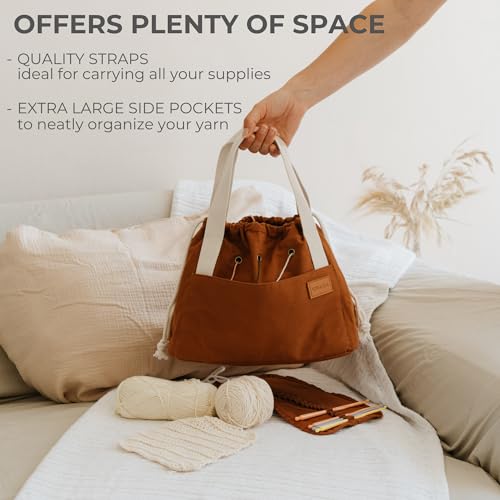 KIBAGA Stylish Crochet Bag Organizer Easily Organizes Your Yarn Durable Canvas Bag w 8 Pockets Stores Plenty of Yarn Skeins and Knitting SuppliesAccessories Perfect Basket for Gifting to Knitting Fans - Image 3
