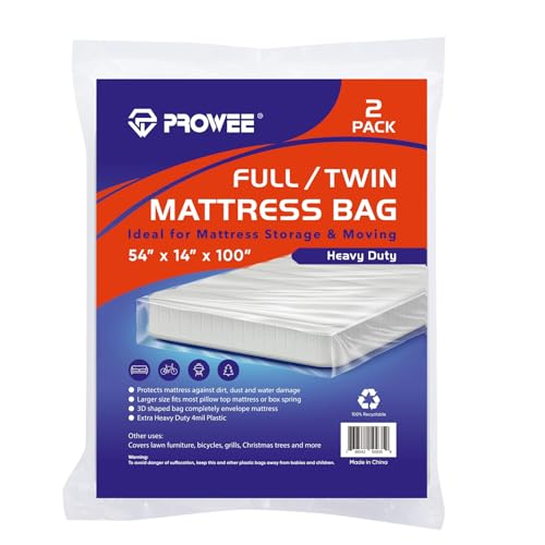 PROWEE PROWEE 2 PK 4Mil Heavy Duty FullTwin Mattress Bags for MovingClear Plastic Mattress Bags for Storage FullTwin Mattress Cover for Moving 