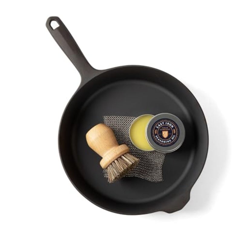 Field Cast Iron Starter Set -10.25 Inch Cast Iron Skillet with Cleaning Kit: Natural Fiber Brush, Chain Mail Scrubber and Organic Seasoning Oil Lightweight, Preseasoned, Made in USA, Vintage Design - Image 1