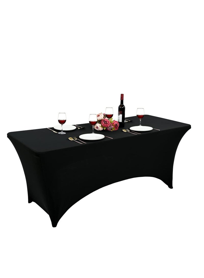 واي آند دي Black Stretchable Tablecloth for 6 Ft Tables, Tight Fit Washable and Wrinkle Resistant Table Covers Party, Family Dinner Festival Wedding Linens Banquet Cloths Rectangle - Image 1