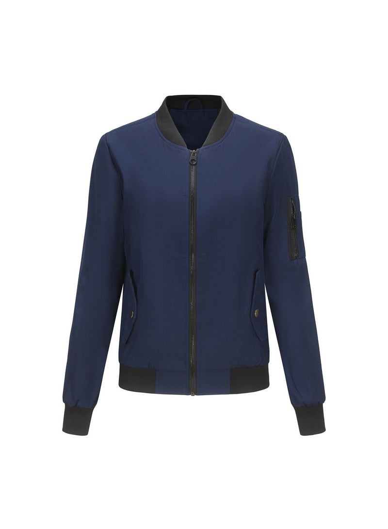 Loquat 2023 Women's Spring and Autumn New Thin Flight Jacket Loose Standing Neck Baseball Jersey Dark Blue  - Image 1